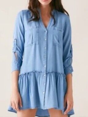 Zara Shirt Dress Light Blue Button-Down Tiered Mini